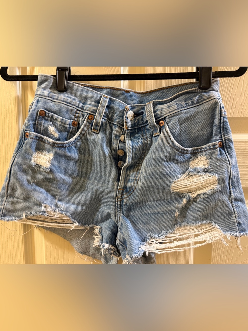 Levi's Light Blue Distressed High-Rise Denim Shorts